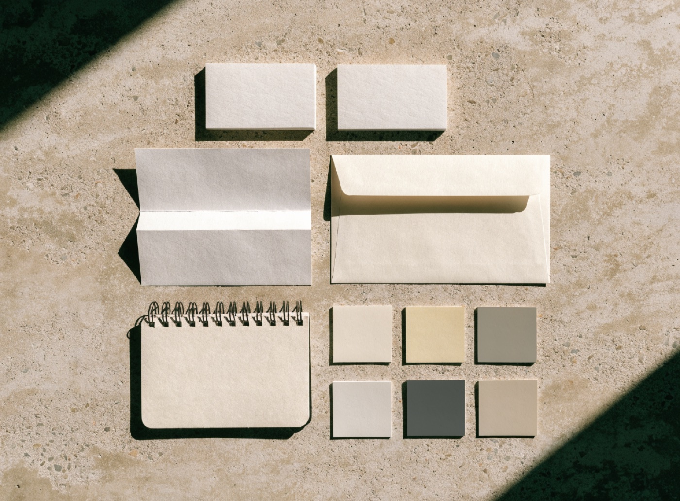 Brand identity kit laid out on a concrete surface