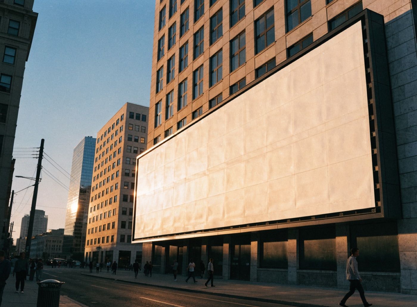 A large billboard on a city building at golden hour