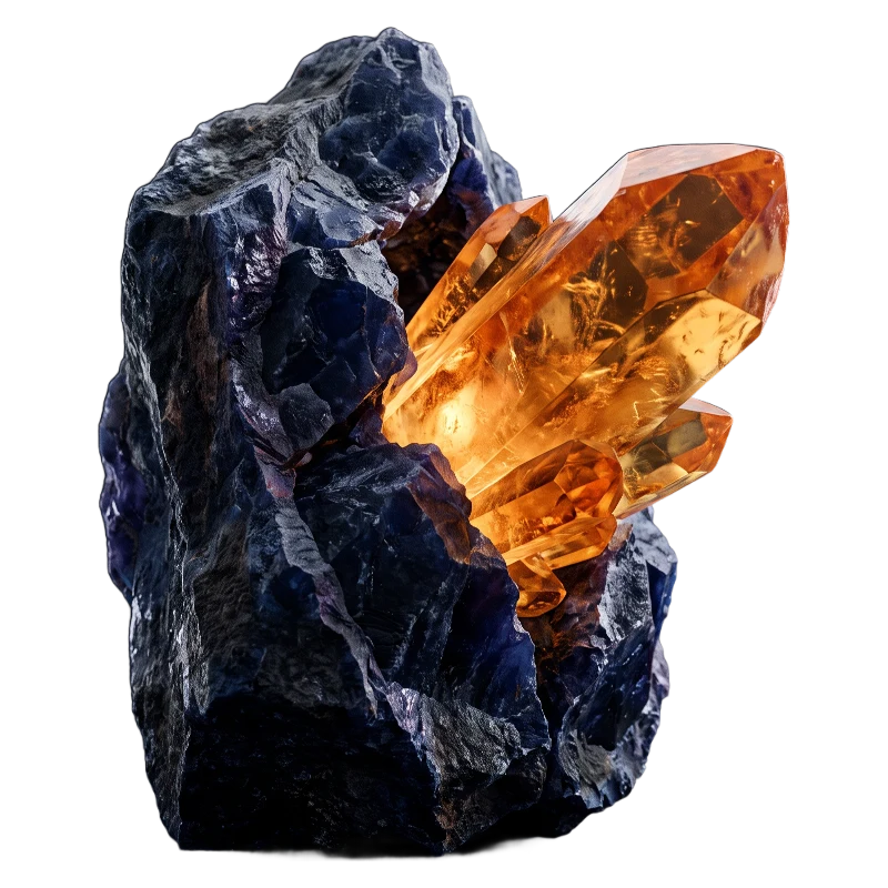 A dark sapphire stone with a large amber crystal breaking out of it into the light