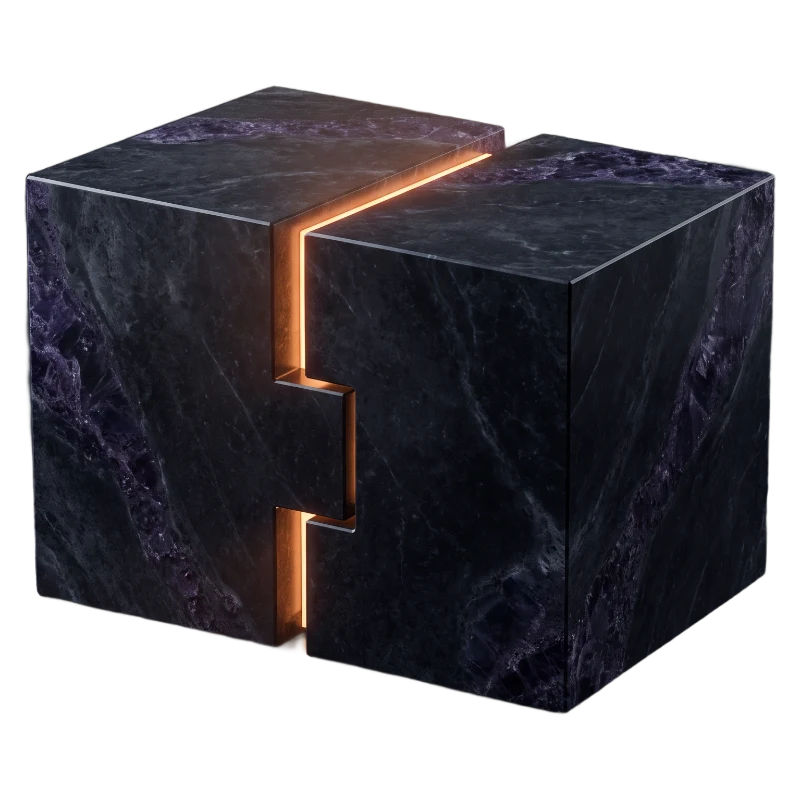 Two engineered marble blocks locked together by an interlocking joint, an amber seam glowing along the connection
