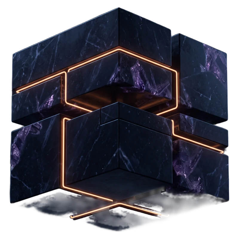 Four modular marble blocks aligned into one system, amber light running through the gaps between them